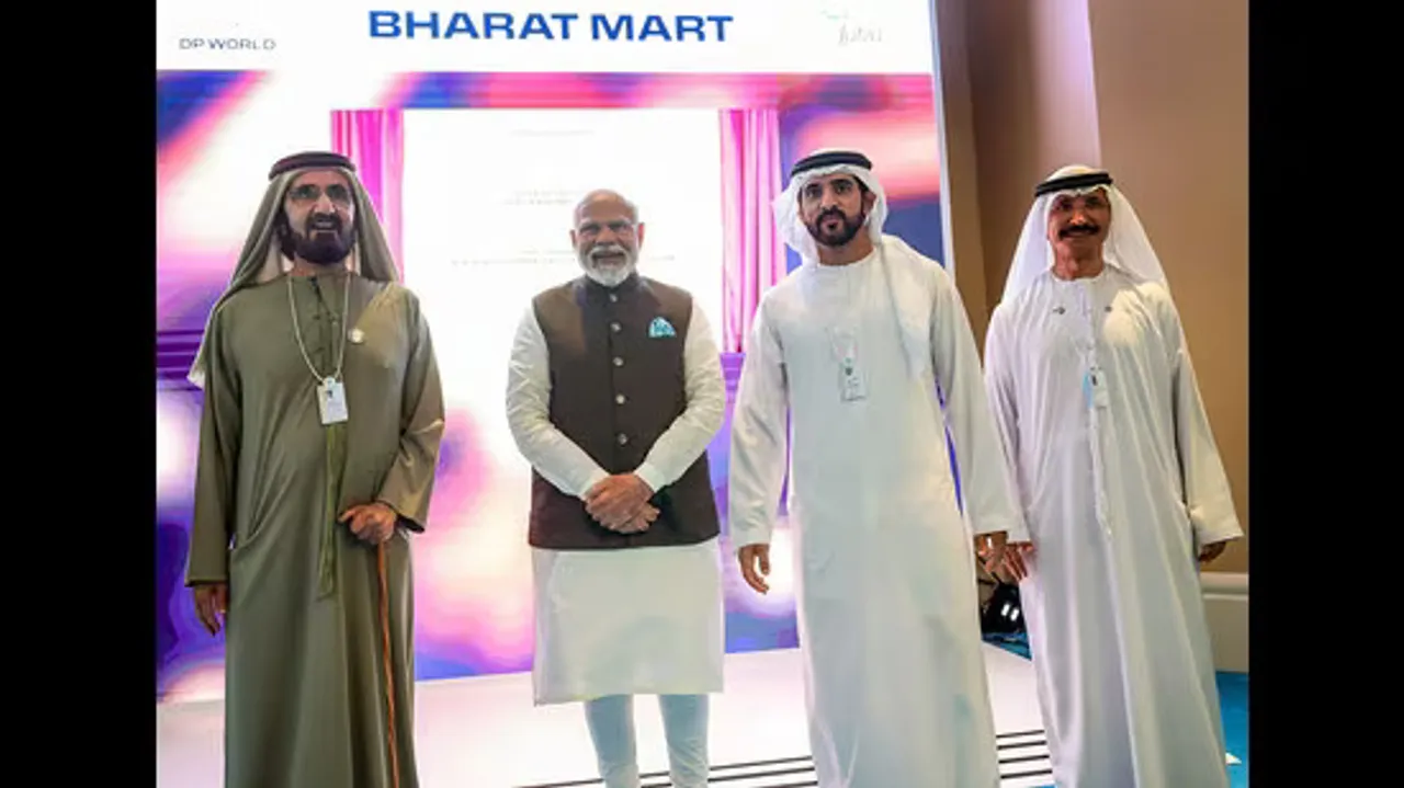  Prime Minister Narendra Modi with Vice President and Prime Minister of the UAE and ruler of Dubai Sheikh Mohammed bin Rashid Al Maktoum at the foundation stone event of 'Bharat Mart', a warehousing facility, in Dubai. Photograph:(PTI) 
