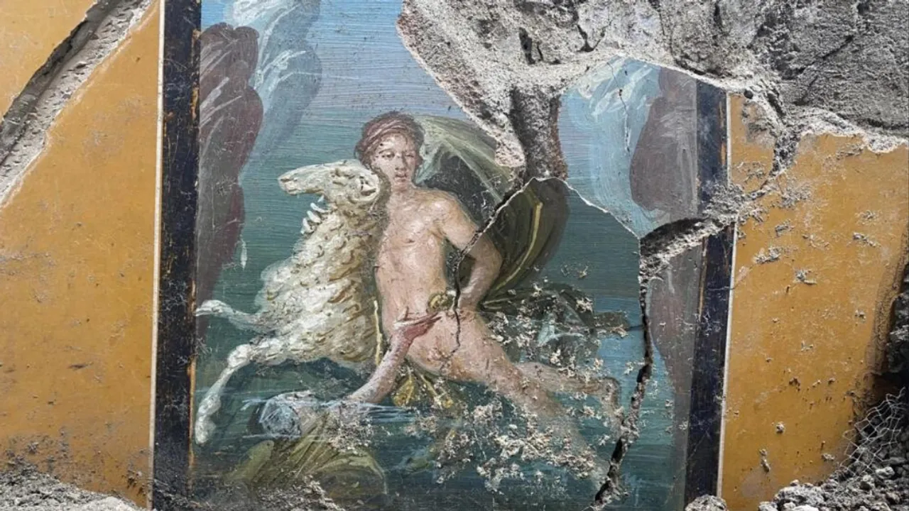 This handout picture released by the archaeological park of Pompeii on March 01, 2024 shows a painting representing the mythological scene of Phrixus and Helle. Photograph:(AFP) 