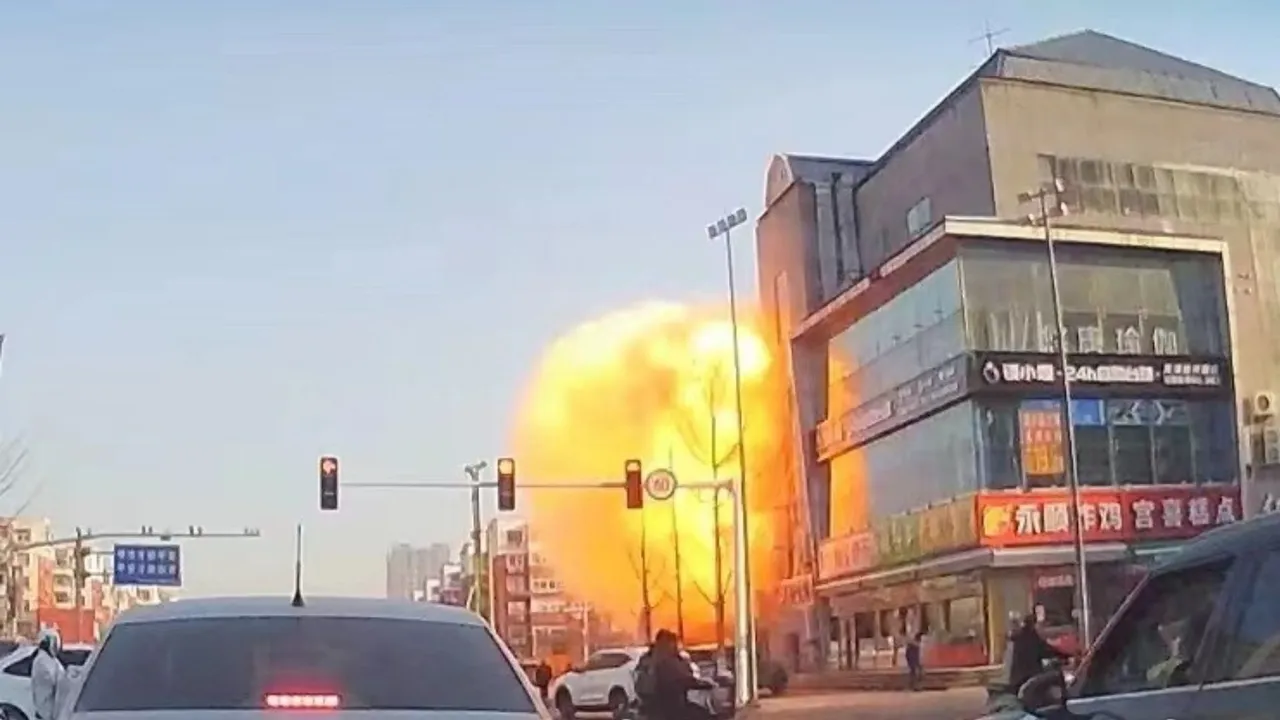 A suspected gas explosion in a town in China's Hebei province on Wednesday (March 13), caused major damage to several buildings. Photograph:(X) 