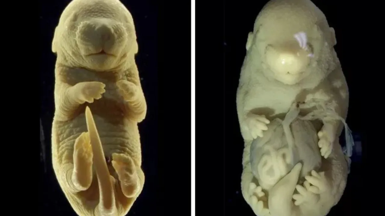  Image of a typical mouse embryo with four limbs and the other one with six limbs. Photograph:(Others) 