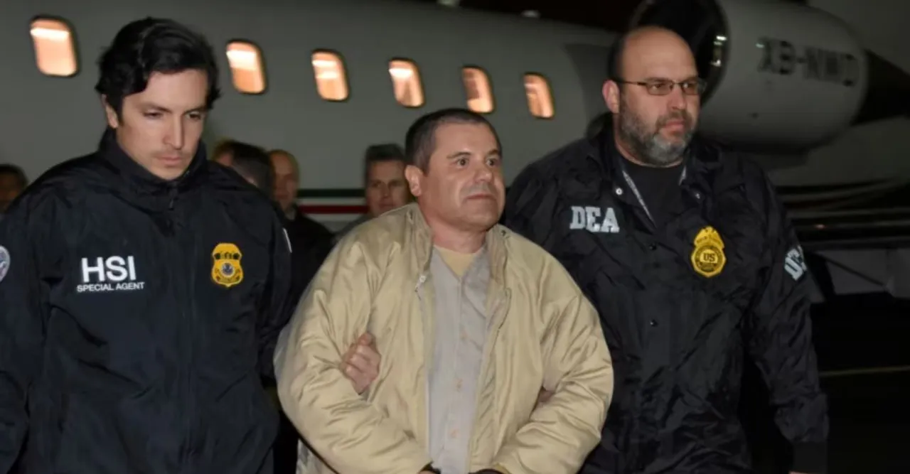  Mexico's top drug lord Joaquin "El Chapo" Guzman is escorted as he arrives at Long Island MacArthur airport in New York, Jan. 19, 2017, following his extradition from Mexico. Photograph:(Reuters) 