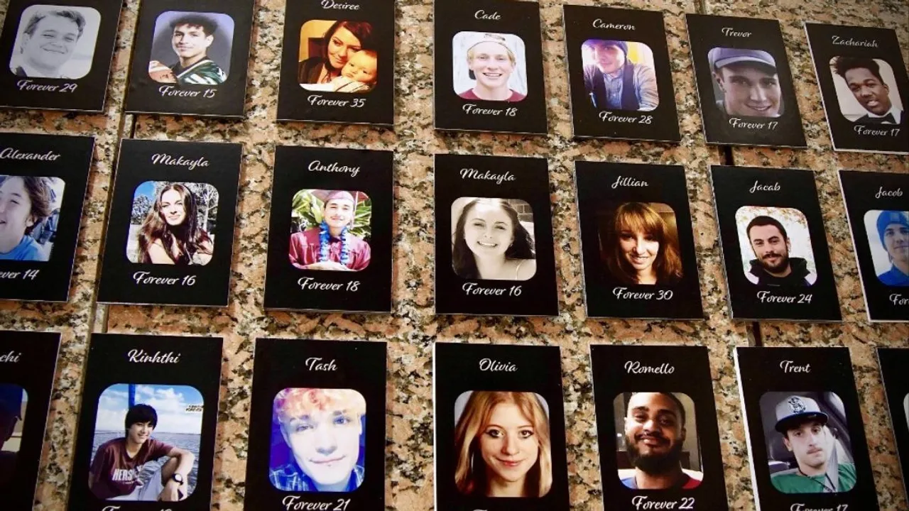  File Photo: "The Faces of Fentanyl" wall, which displays photos of Americans who died from a fentanyl overdose, at the Drug Enforcement Administration (DEA) headquarters in Arlington, Virginia, on July 13, 2022. Photograph:(AFP) 