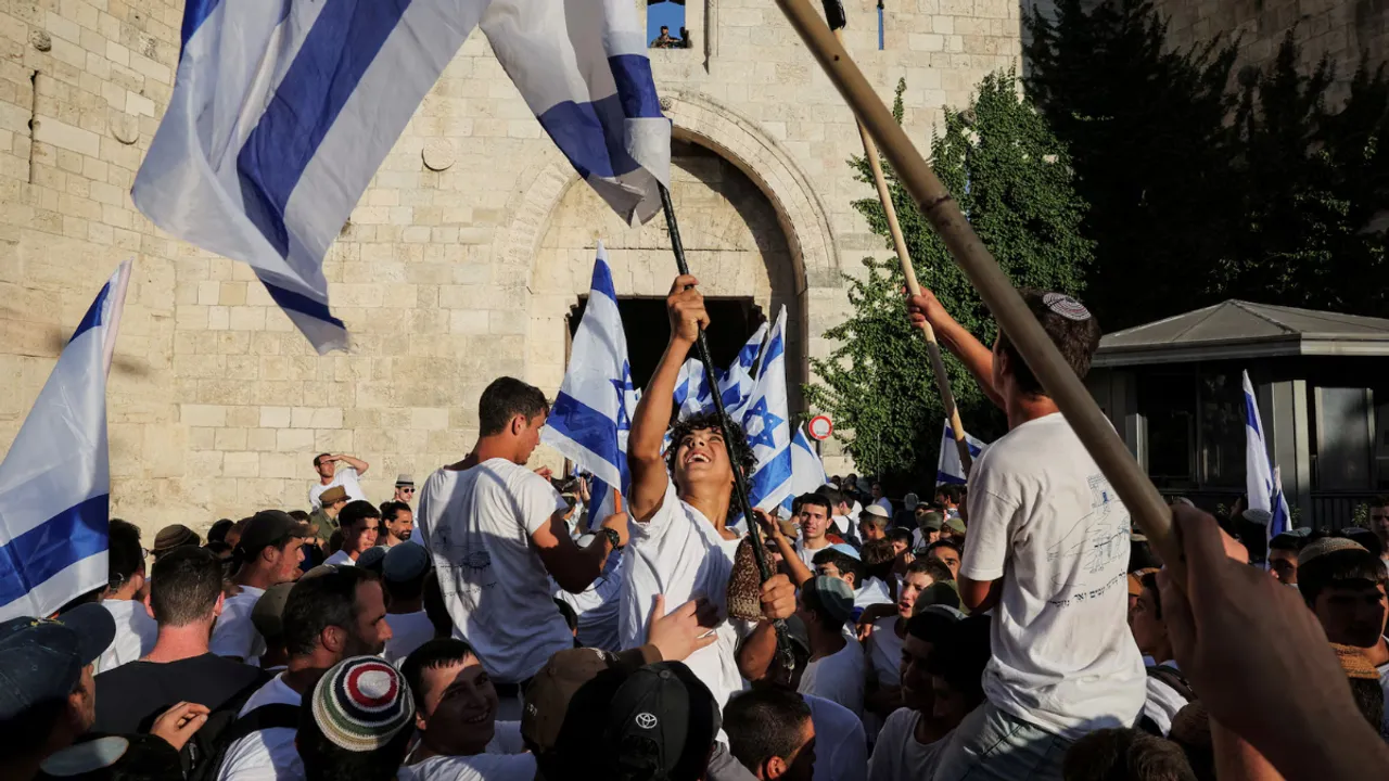  Scuffle breaks out in Jerusalem Day Flag March. Photograph:(Reuters) 