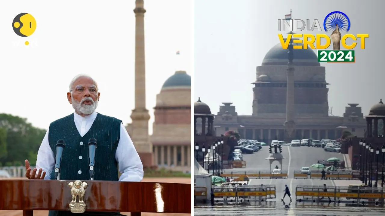  Narendra Modi speaks to media outside Rashtrapati Bhawan as Delhi prepares for oath-taking ceremony. Photograph:(Agencies) 