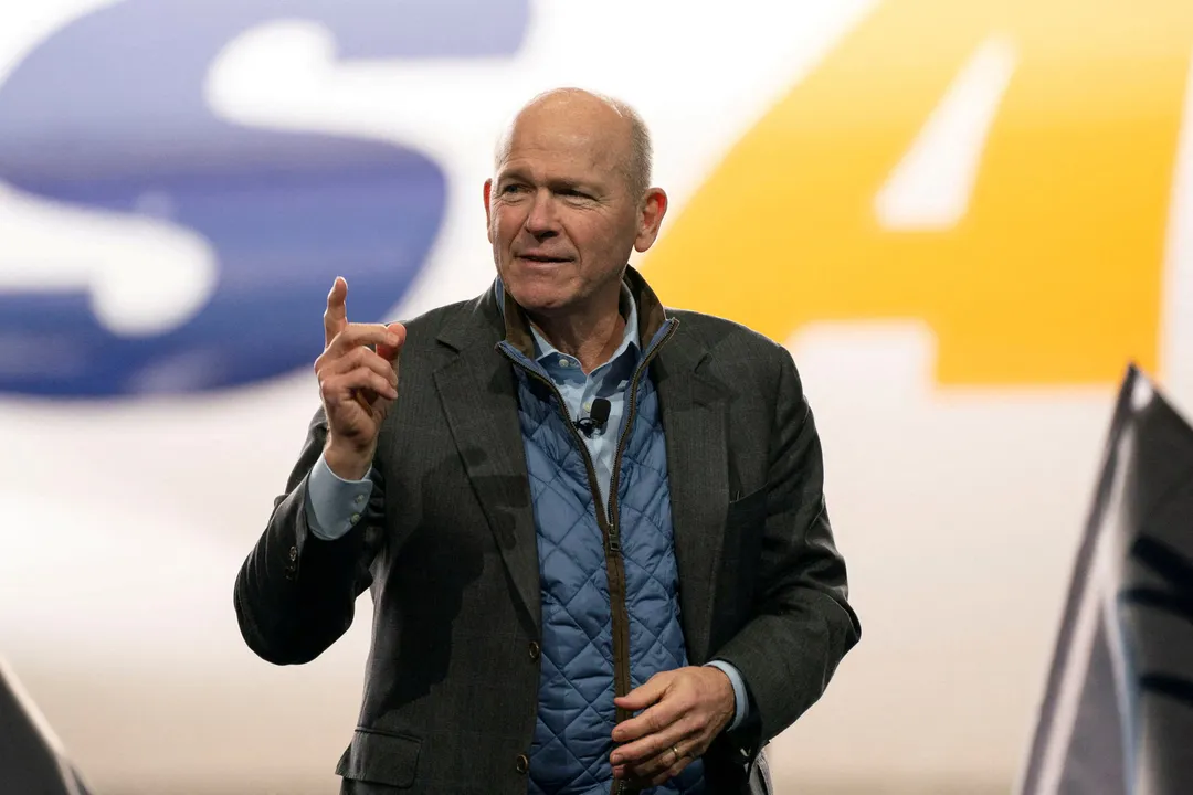  Dave Calhoun speaks during the final 747 jet delivery in Everett. Photograph:(Reuters) 