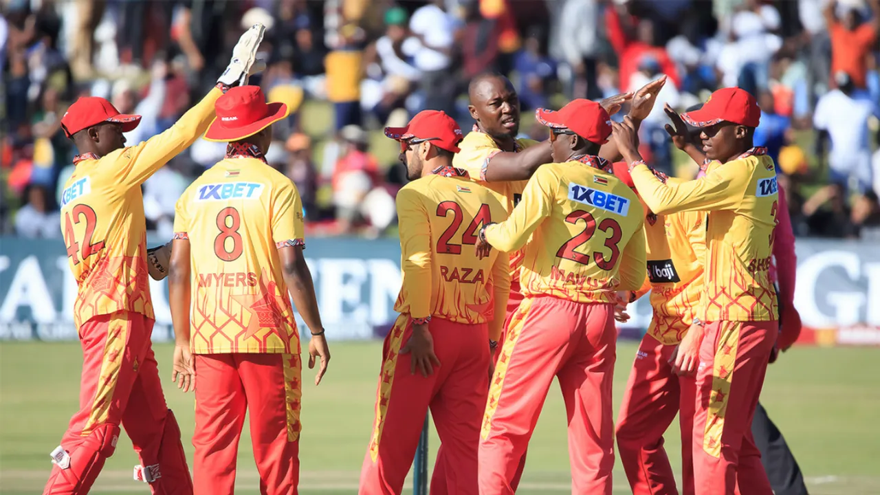  Zimbabwe players celebrate wicket during the match (Source: @ZimCricketv) Photograph:(X) 