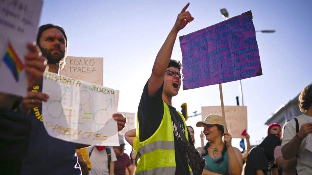  Protesters chant during a demonstration against a new law banning LGBTQ "propaganda" in schools in Bulgaria, in Sofia on August 07, 2024. Photograph:(AFP) 