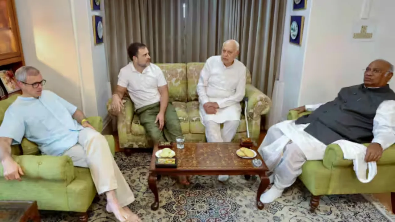  National Conference will contest 51 seats, Congress on 32, and we have agreed on a friendly yet disciplined contest for 5 seats. Besides these 88 seats, we have reserved one seat for CPI (M) and another for the Panthers Party. Photograph:(ANI) 