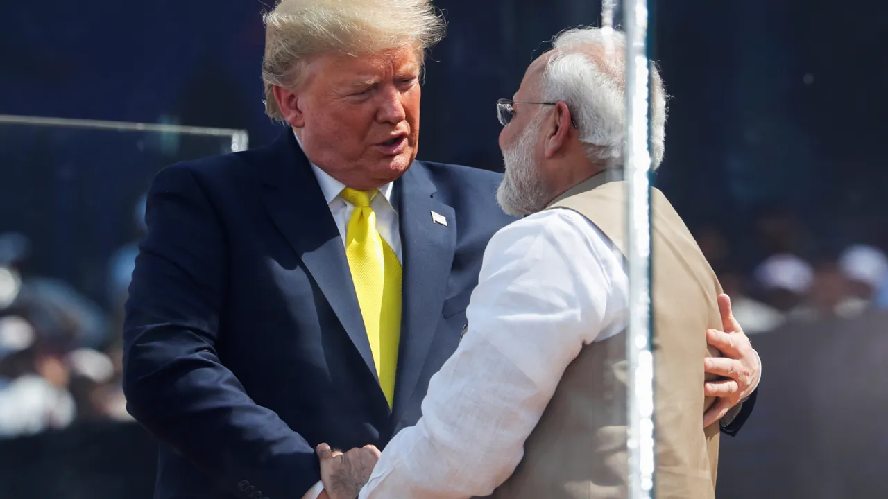  File Photo: Donald Trump embraces with Indian Prime Minister Narendra Modi during the "Namaste Trump" event at Sardar Patel Gujarat Stadium, in Ahmedabad, India, February 24, 2020.  Photograph:(Reuters) 
