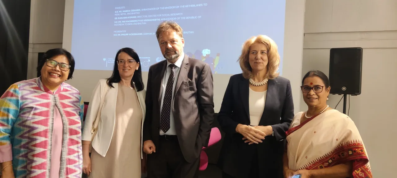  German Ambassador Ackermann with Estonia's ambassador Marje Luup , Netherlands ambassador Marisa Gerards , Indonesian Ambassador Ina Krisnamurthi at an event in Delhi to talks about 'Feminist foreign policy Photograph:(WION Web Team) 
