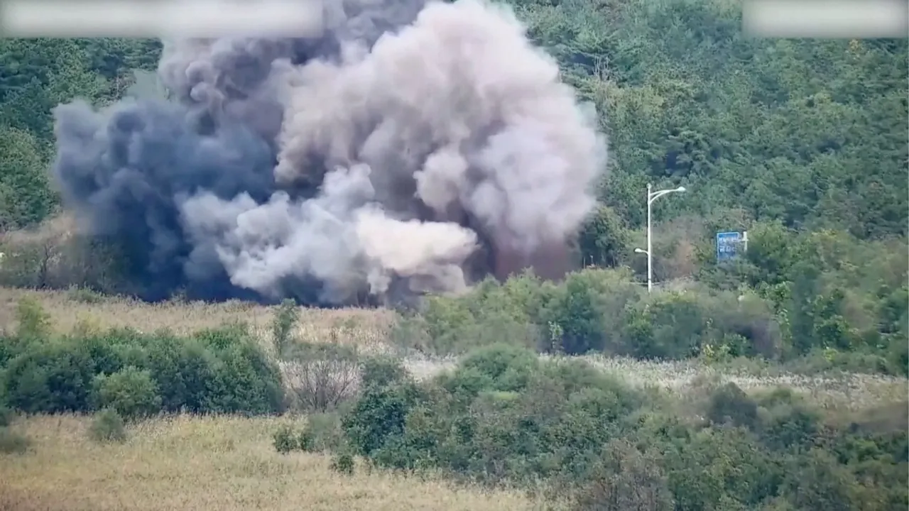  The explosions came after Pyongyang pledged last week to completely cut off the inter-Korean roads and railways and further fortify the areas on its side of the border. Seoul had warned on Monday that the North was getting ready for a detonation. Photograph:(Reuters) 