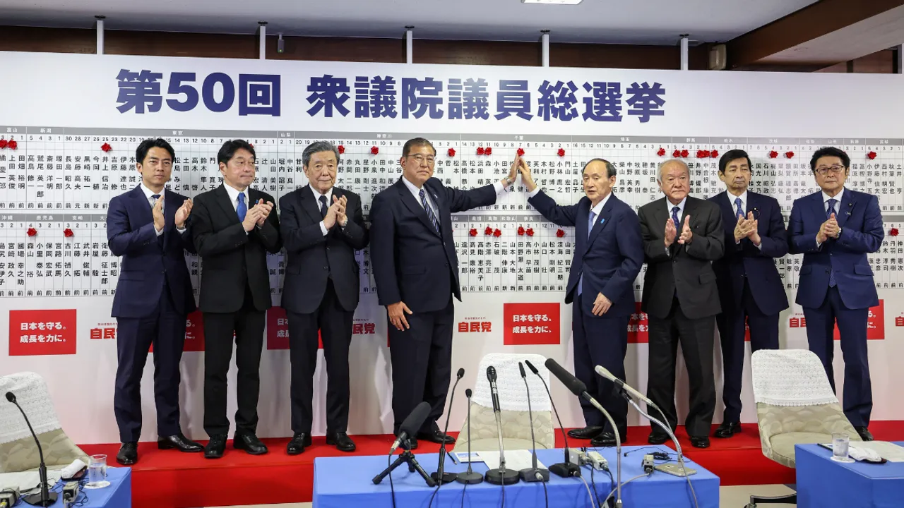  Japan's Prime Minister Shigeru Ishiba poses for a photo with other members of the Liberal Democratic Party at the LDP's headquarters on October 27, 2024, in Tokyo, Japan.  Photograph:(Reuters) 