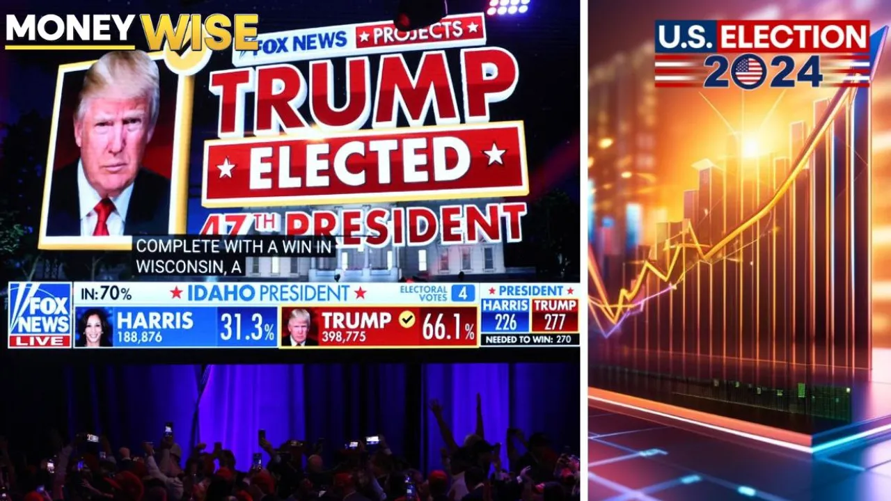  Image of Trump emerging victorious in US presidential elections and representational image of stocks. Photograph:(Others) 