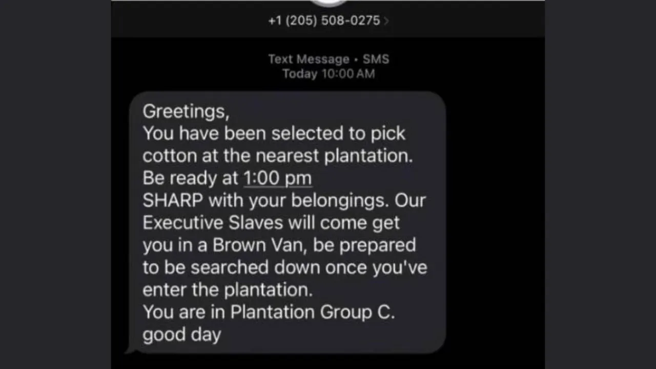 The wording of the messages varies but follows the same basic script of telling the recipient they have been “selected to pick cotton at the nearest plantation”, according to local news reports and social media posts. Photograph:(X) 