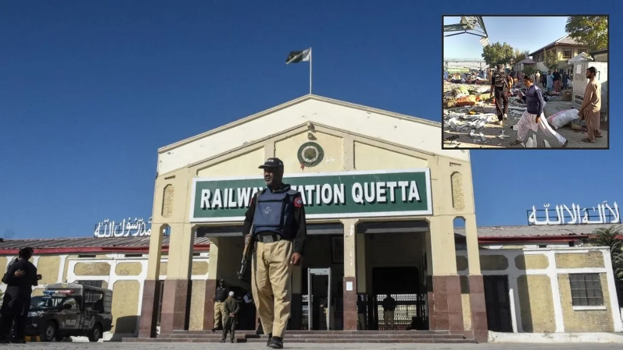  A policeman stands guard outside Quetta railway station, a day after an explosion allegedly by Pakistani separatists. Inset image shows the aftermath of the bombing. Photograph:(WION Web Team) 