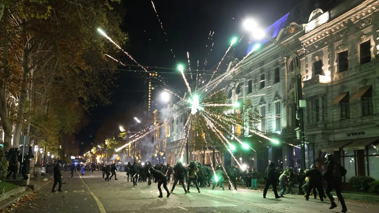  People use fireworks as they protest in downtown Tbilisi early on November 29, 2024, after Prime Minister Irakli Kobakhidze said the country would not pursue European Union accession until 2028. Photograph:(AFP) 