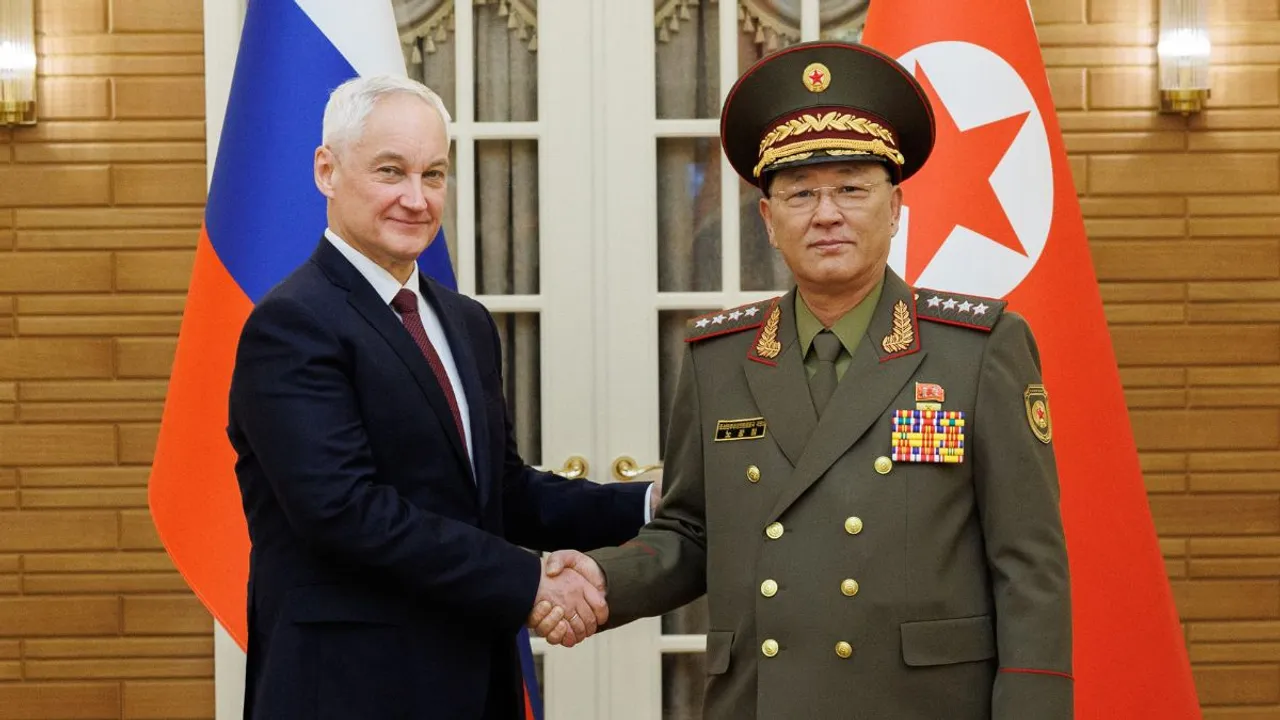  Russian Defence Minister Andrei Belousov (L) shaking hands with North Korean Defence Minister No Kwang-chol during bilateral talks with North Korean delegation in Pyongyang Photograph:(AFP) 