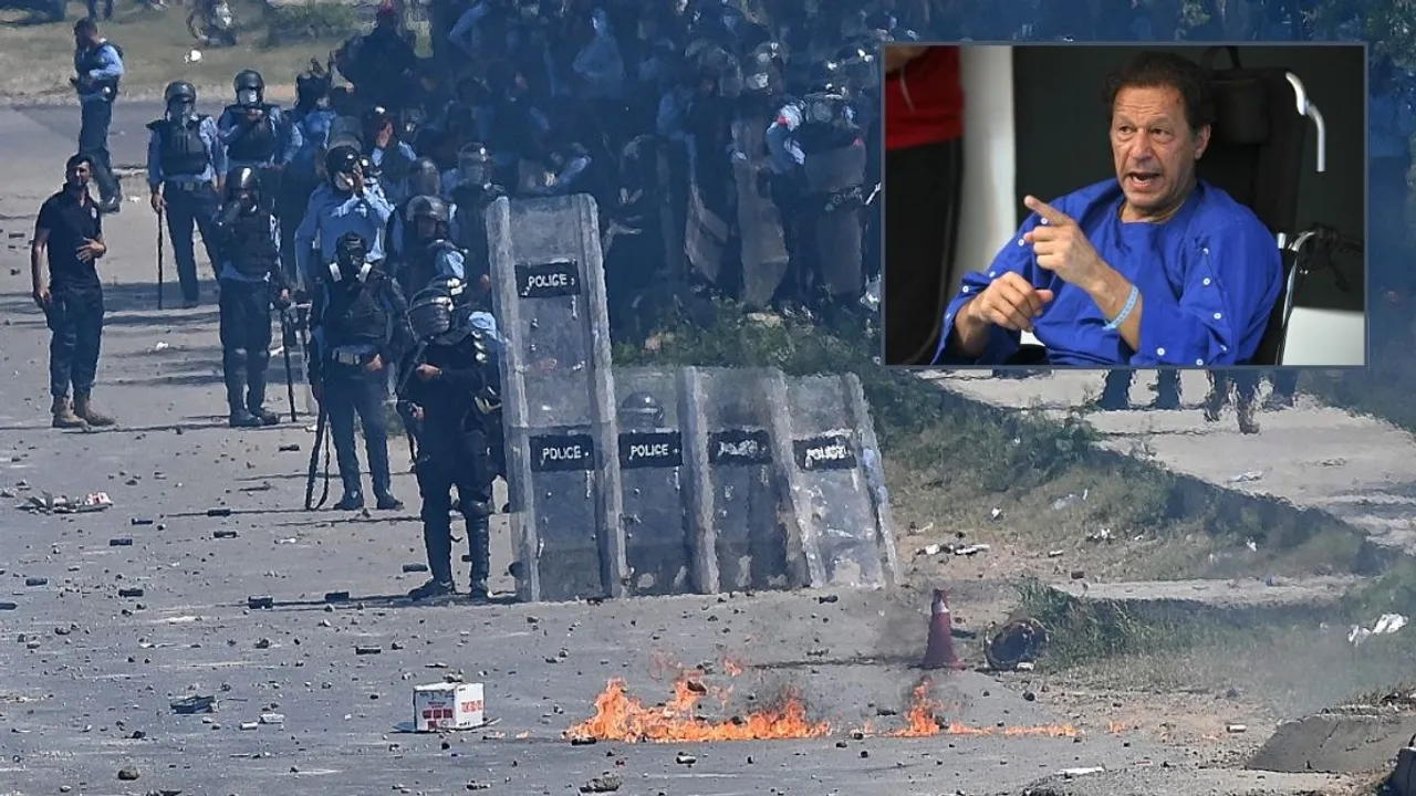  File Photo: Policemen stand guard during the clash with Pakistan Tehreek-e-Insaf (PTI) party activists and supporters of former Pakistan's Prime Minister Imran Khan [inset] amid a protest against the arrest of the leader, in Islamabad on May 10, 2023. (Photo combination created using images from AFP) Photograph:(WION Web Team) 