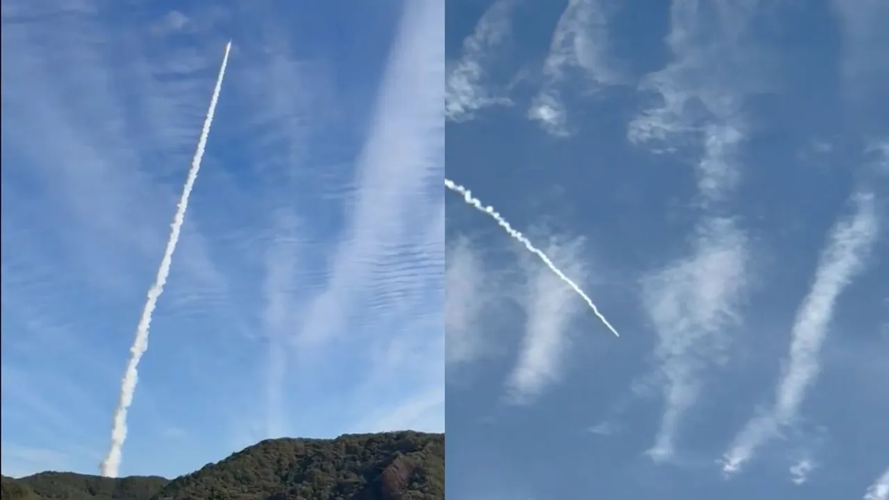  Television footage of the launch showed the slim white colour rocket blasting off and soaring to the skies before spiralling downwards in the distance. However, there was no dramatic blast. (Image courtesy: Screengrab Video/X/mrjeffu) Photograph:(X) 