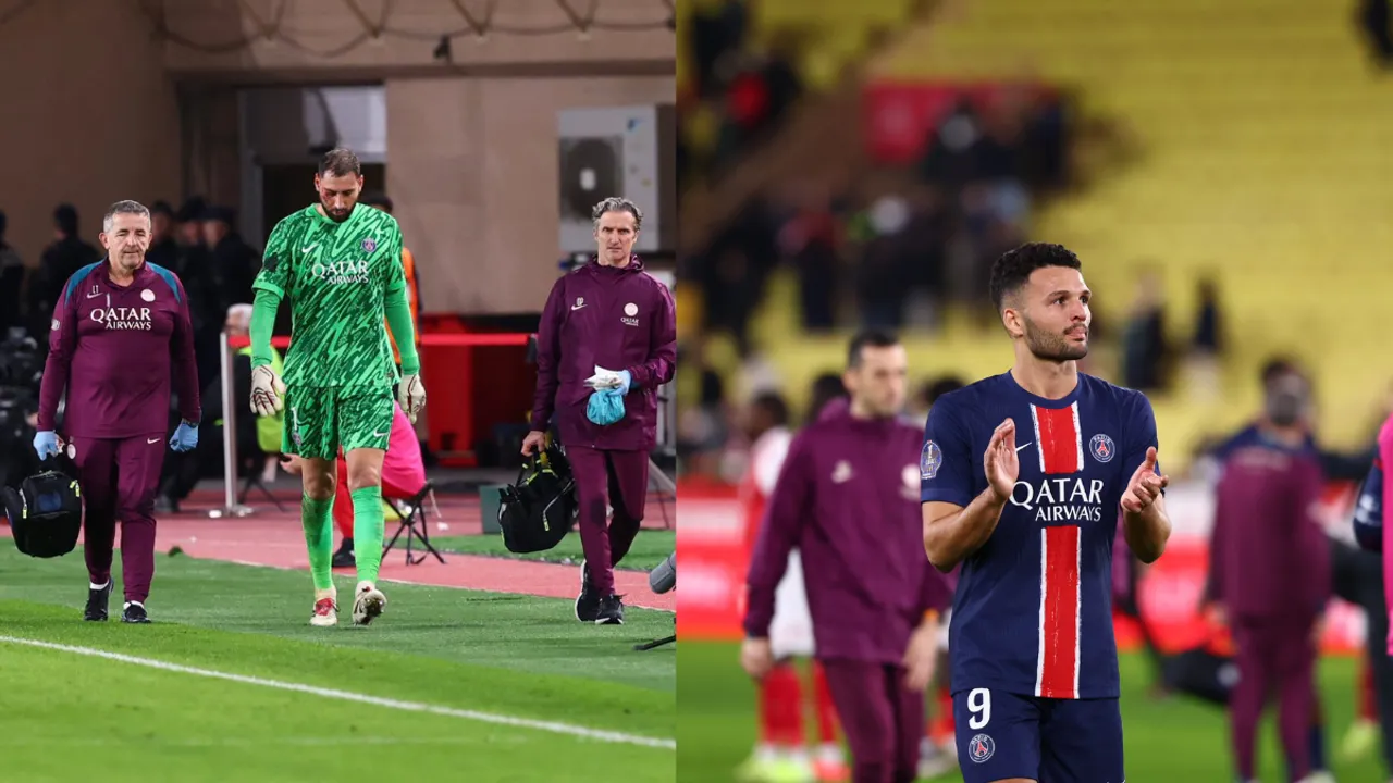  PSG goalie walks off after injury (L); PSG player celebrates after win (Source: @PSG_English) Photograph:(X) 