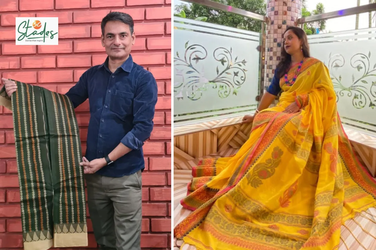 Gaurav Anand with a hyacinth fusion sari (left) and a sari from Swachhatapukare Foundation (Right)