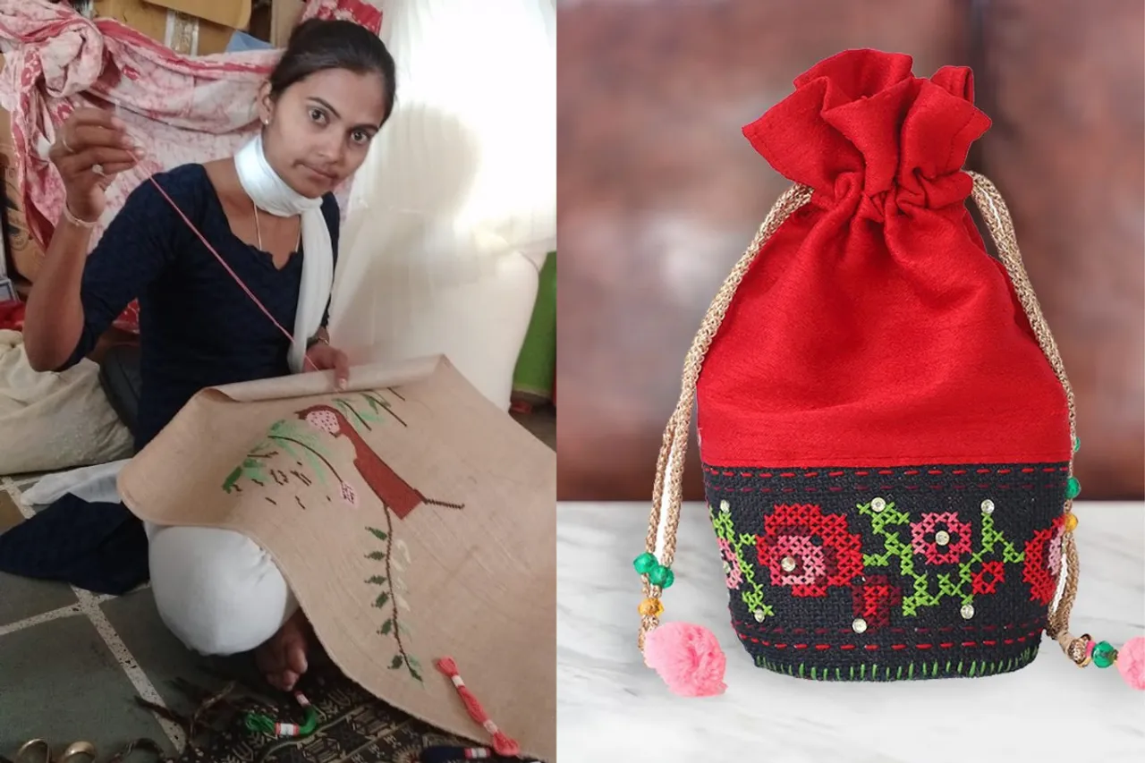 Richa Kherwada embroidering a product and a jute potli handcrafted by artisans at Kamli Tribes
