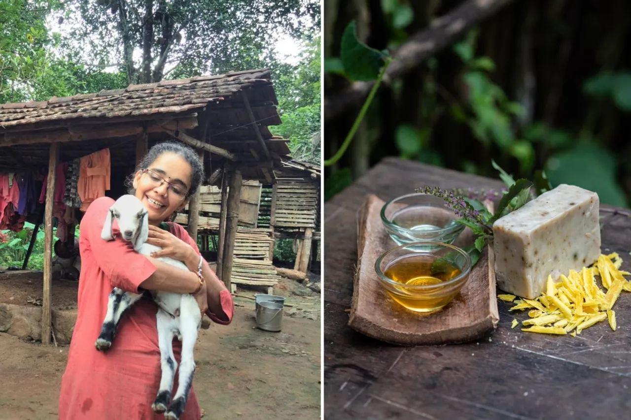 Dr Manju Vasudevan at a tribal hamlet (left) and Forest Post products (right)