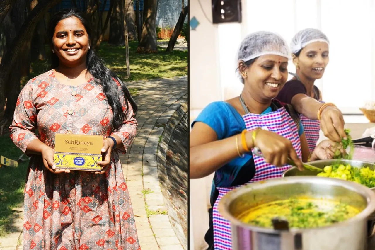 Kalyani Chavali, Founder of Sahrudaya Foods (Left) and handmade snacks being prepared in the kitchen (right) 