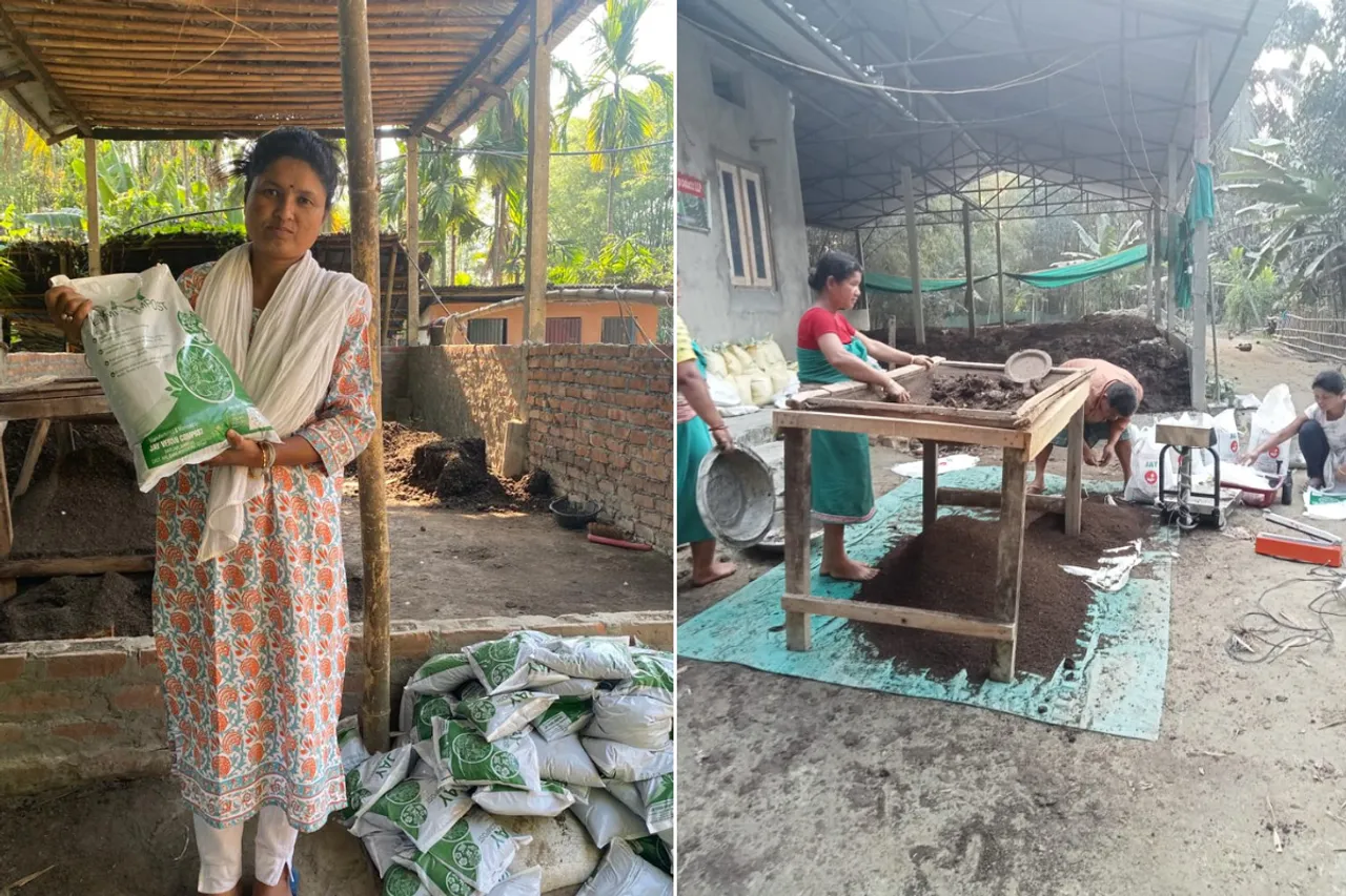Kanika Talukdar, vermicompost entrepreneur from Nalbari, Assam (Left) and work on at her unit (right). Pic: Kanika Talukdar