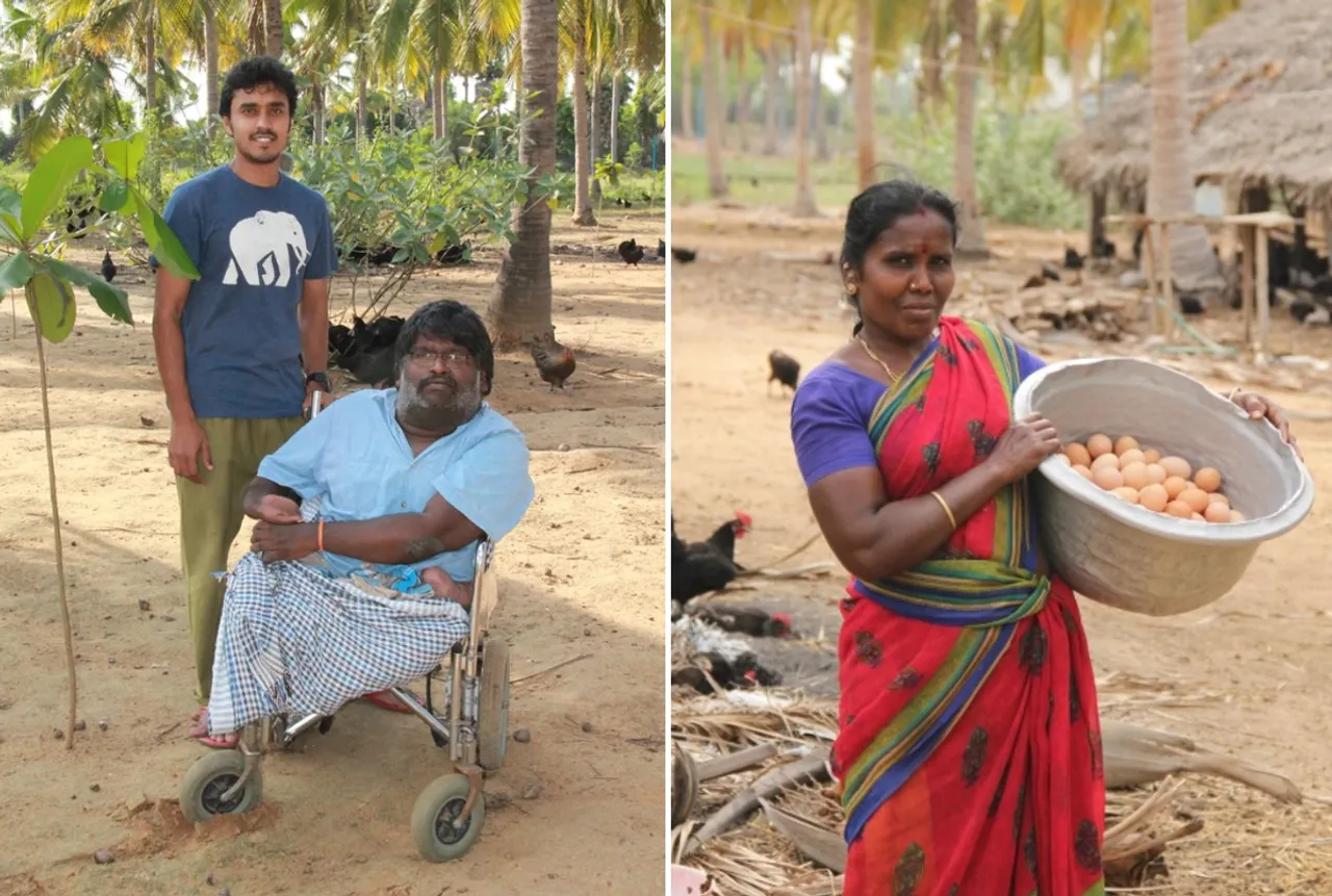 Manjunath Marappan and Ashok Kannan (sitting) and a farmer collecting free-range eggs 