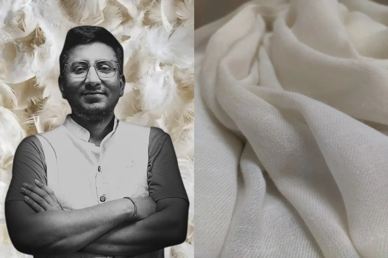 Radhesh Agrahari, founder of Golden Feathers and a woolen fabric made from upcycled chicken feathers