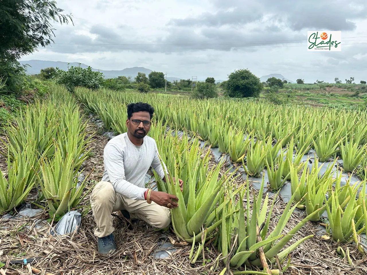 Hrushikesh Dhane at his aloe vera farm in Padali village, Satara, Maharashtra