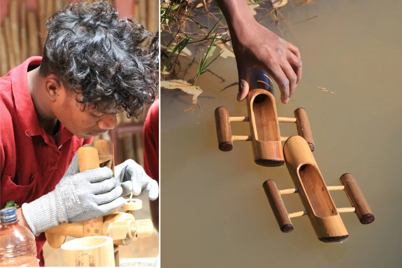 Jalandhar Khillo of Paroja tribe handcrafting a bamboo toy (left); bamboo boat (right)