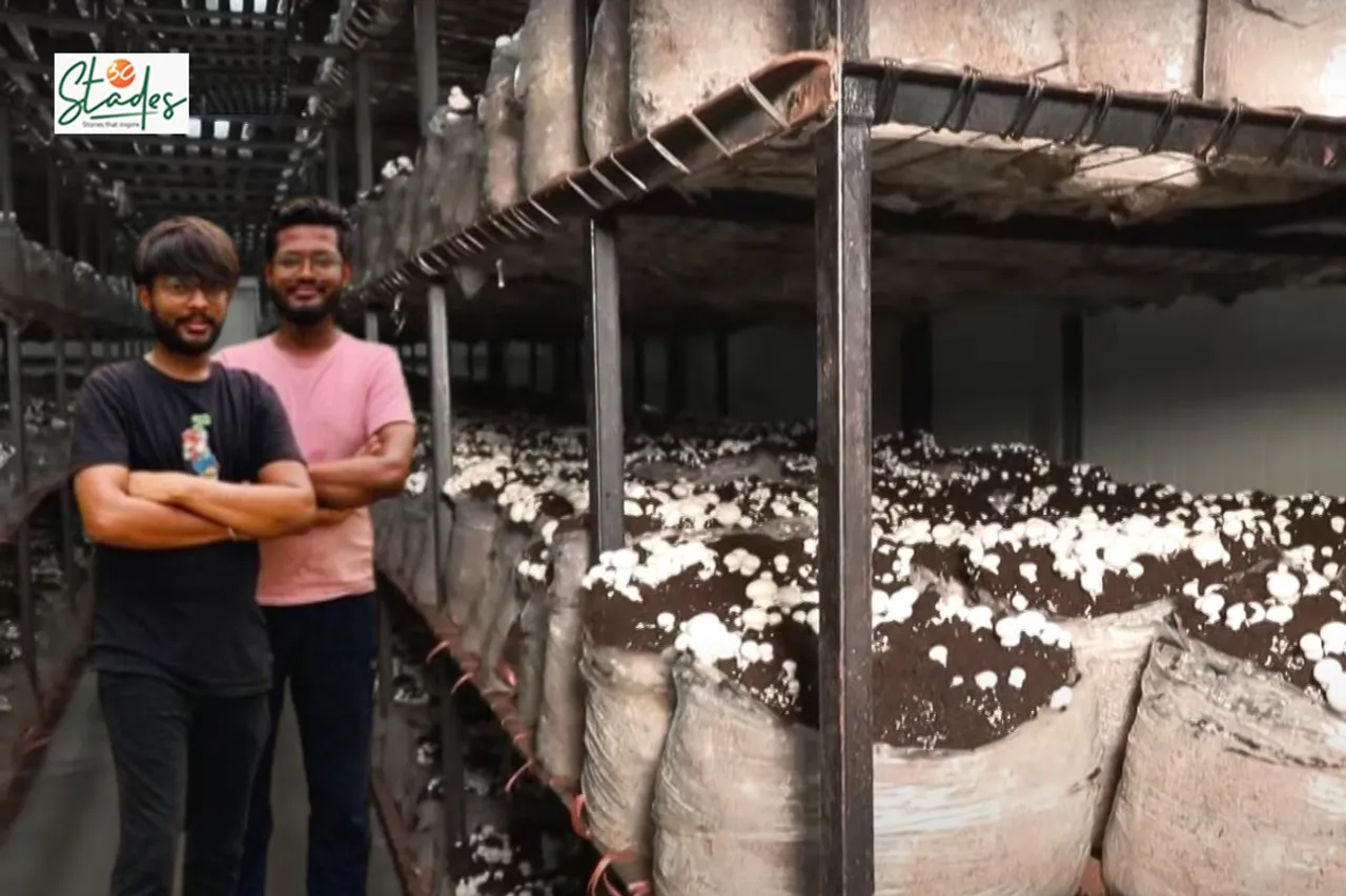 Rishabh Gupta and Ayush Gupta (in black) at their mushroom production unit in Agra