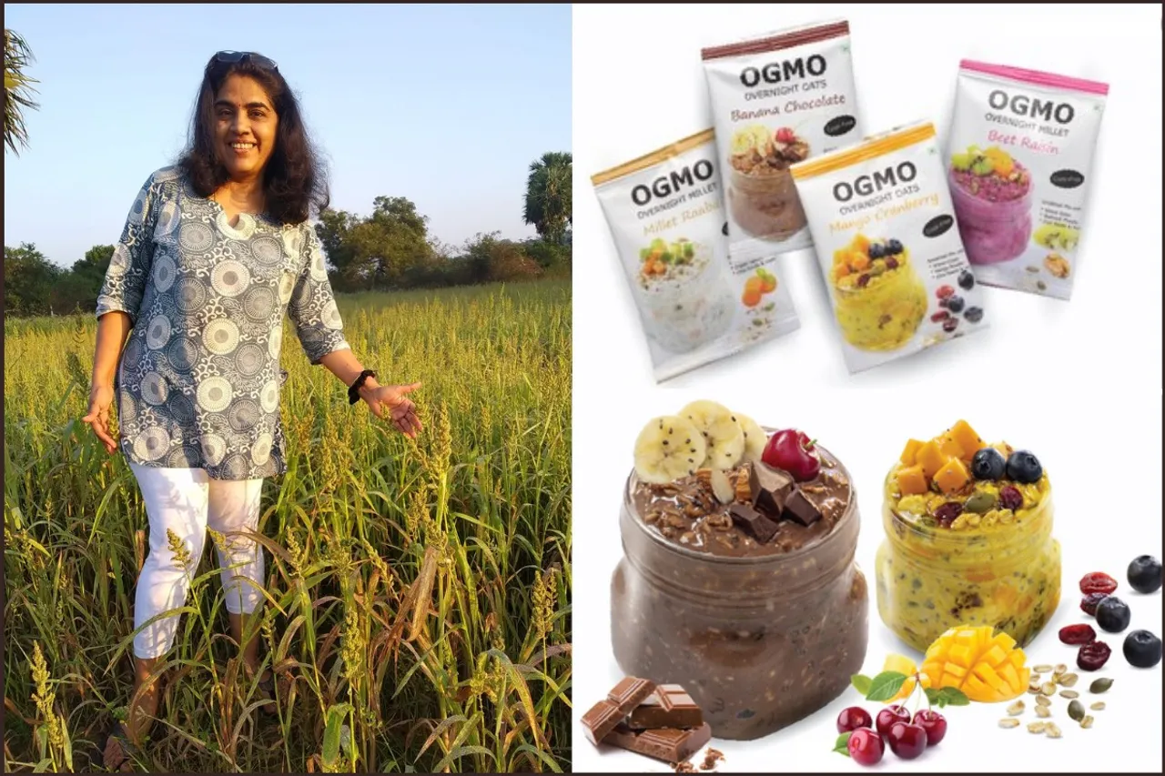 Sanjeeta KK at her farm in Maduranthakam (left) and OGMO Foods' products