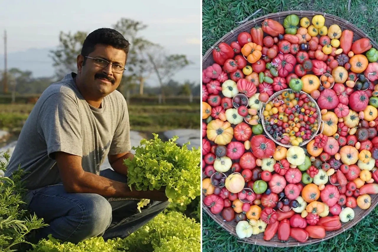 Neelam Dutta at his farm and some native varieties of vegetables