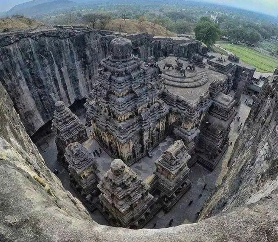 The 1200-year-old Kailasa temple at Ellora has been carved from a single rock