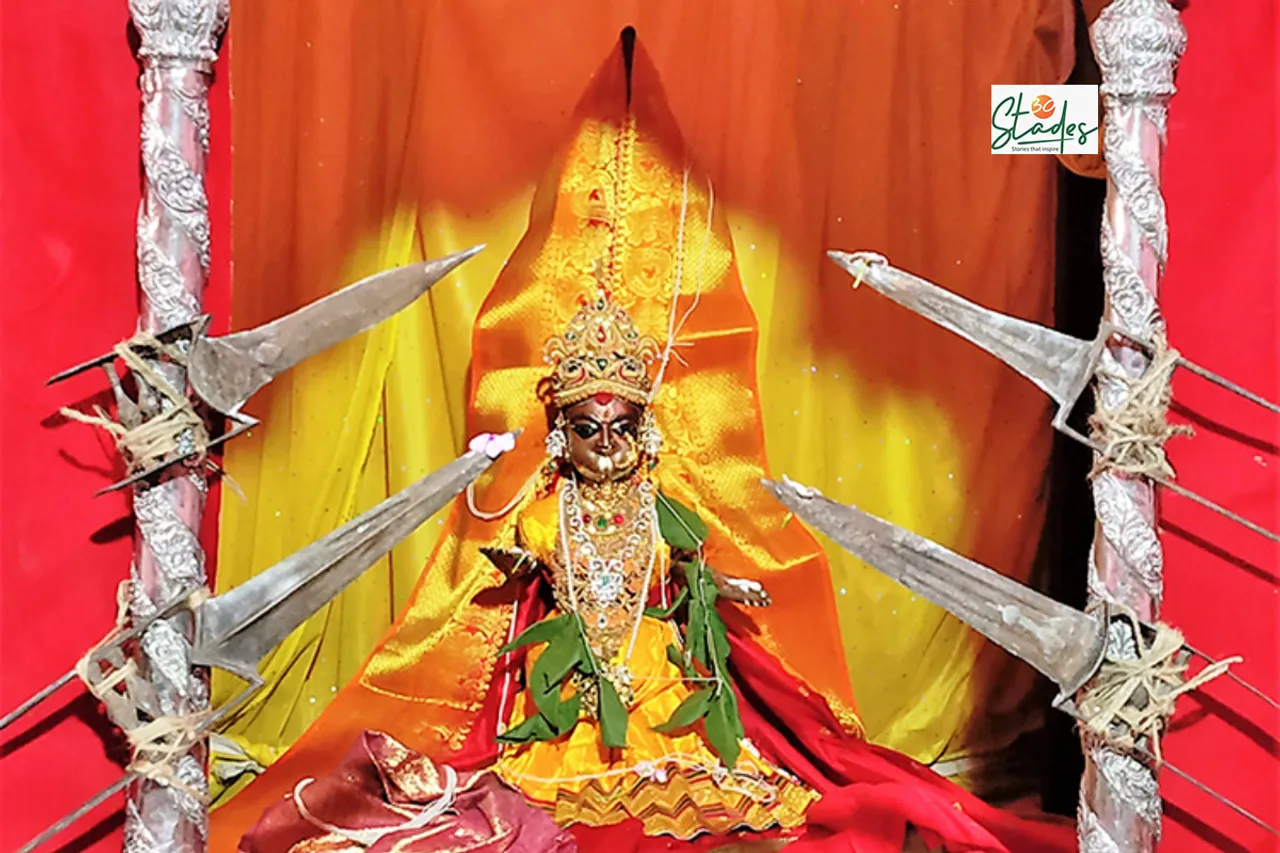 The golden Goddess who appears from a bank vault at Joypur Rajbari during Durga Puja