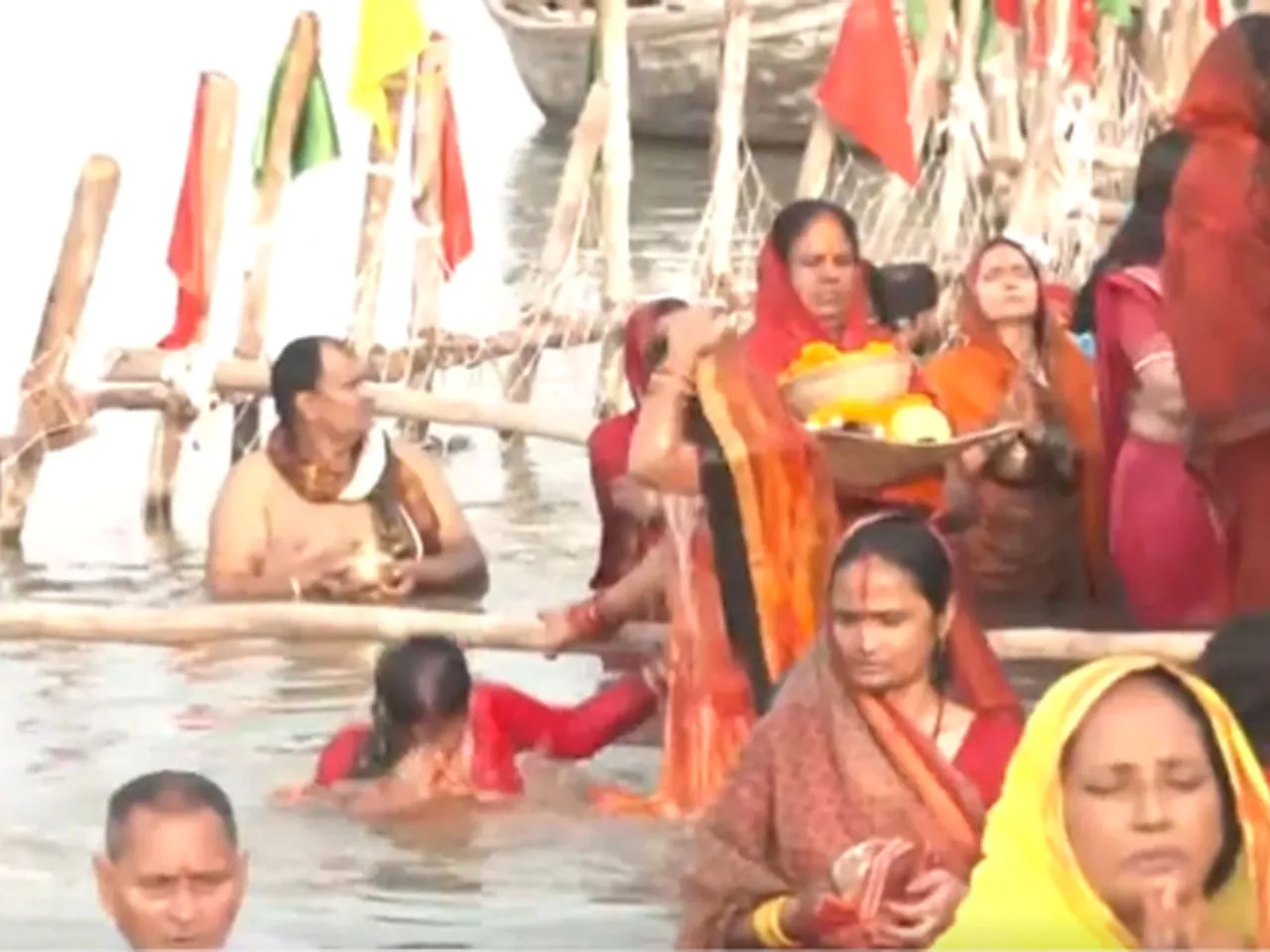 Many people gather at the Ganga Ghat on the occasion of Chhat Puja