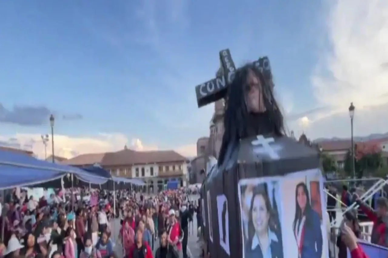 People protest in the famous Cusco's 'Plaza de Armas', Peru