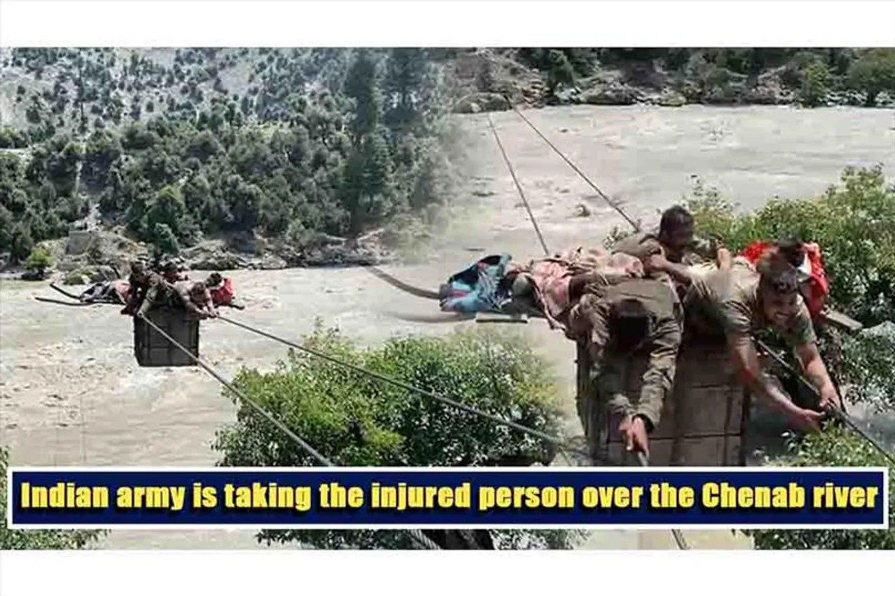 Indian army is taking the injured person over the Chenab river