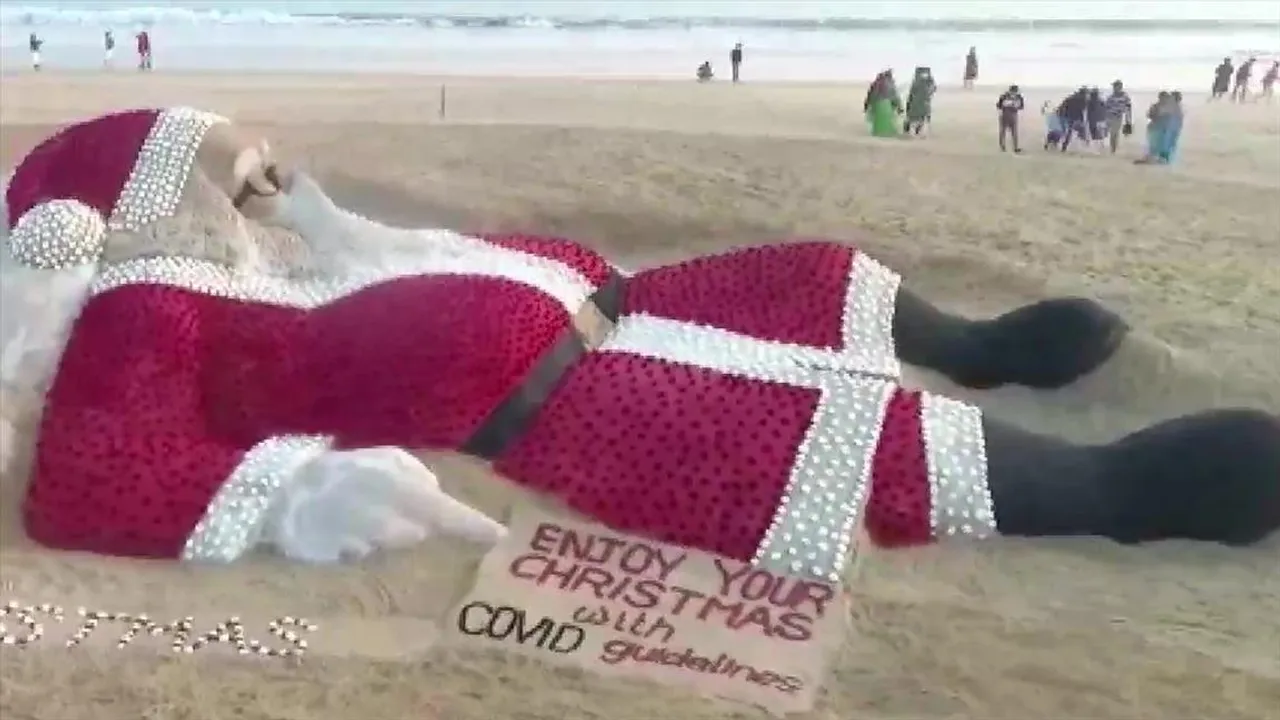 Santa Claus is lying on the beach in Puri!