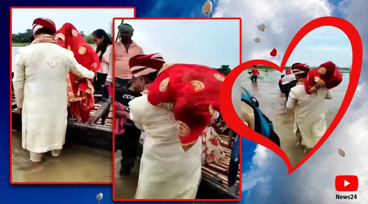 Groom carries bride on shoulder to cross flooded rivar