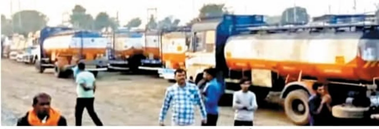 Countrywide: Transport-truck drivers went on strike, vehicles parked at petroleum depot in Jabalpur.
