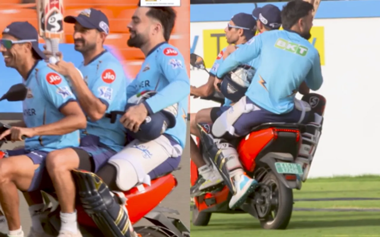 'Are Nehraji ko 500 ka challan bhejo' - Fans in splits as GT coach Ashish Nehra takes bike ride with Mohit Sharma and Rashid
