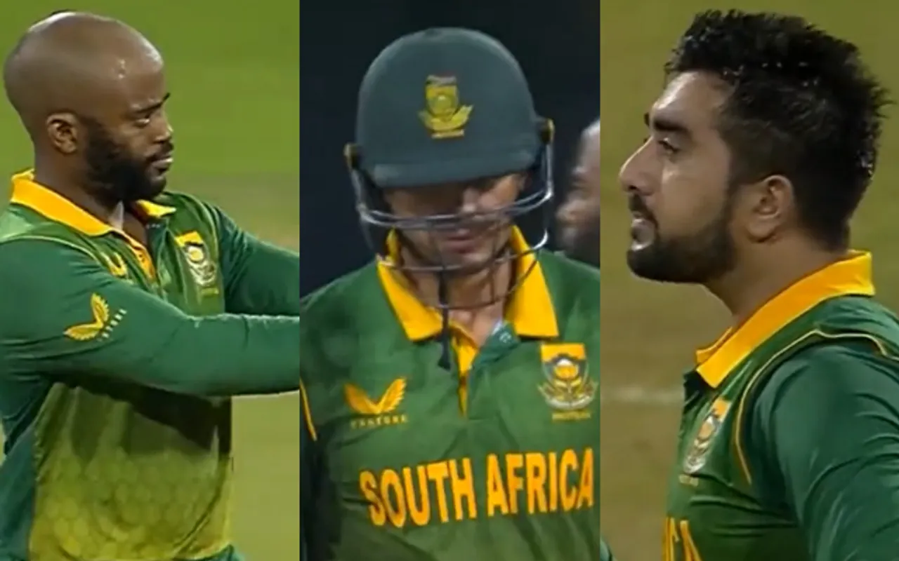 Temba Bavuma, Quinton de Kock, and Tabraiz Shamsi against India, 1st ODI