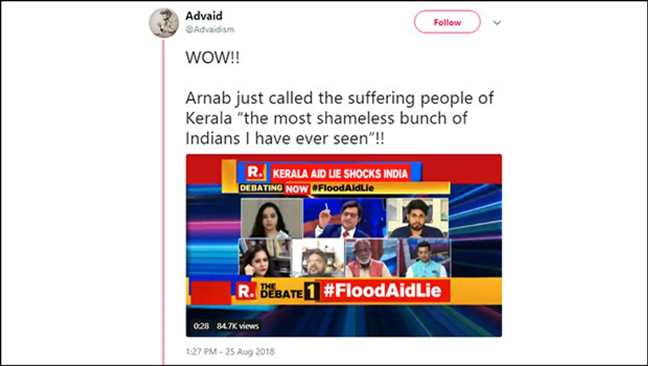 After Arnab Goswami targets fake news on Kerala floods, trolls spread fake news about him