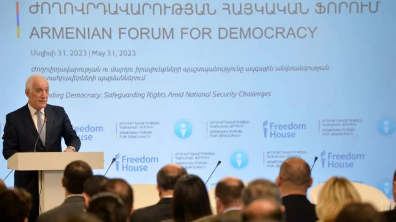 ‘Democracy implies peace’, President Khachaturyan’s speech at Armenian Forum for Democracy 
Image Credit: Armenia News Agency