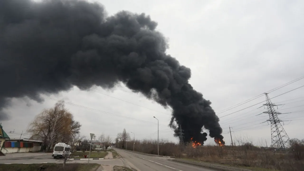 A view shows a fuel depot on fire in the city of Belgorod, Russia April 1, 2022. <br> Image Credit: Reuters