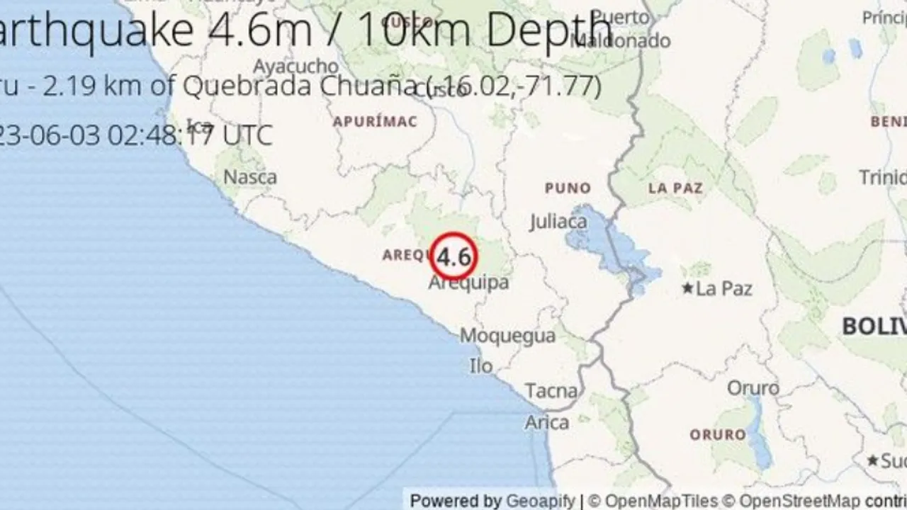 New Earthquake 2.19 km of Quebrada Chuaña (Peru) - 4.60m/10km - 03/06/2023 02:56:59 UTC (EMSC/Automatic

<br>
Image Credit: @VolcanoEWS